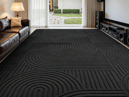 Black Circle Design Washable Rug 200x300 cm – Non-Slip Short Pile Fluffy Mat for Living Room & Bedroom