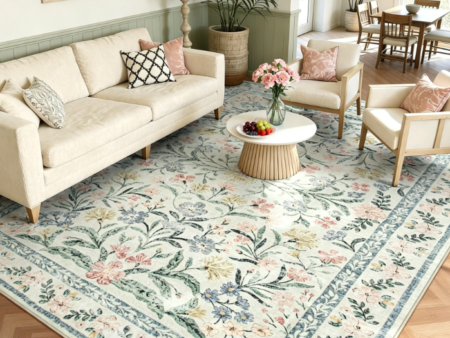 Boho Floral Washable Area Rug 8x10 ft – Beige, Non-Slip Soft, for Living Room, Bedroom & Nursery