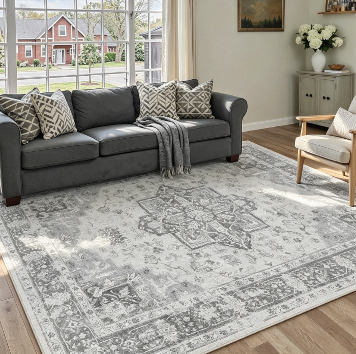 Vintage Grey Washable Rug 160x230 cm – Soft Non-Slip Short Pile, Large Carpet for Living Room & Bedroom
