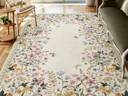 Floral Botanical Washable Rug 6x9 ft – Non-Slip Soft Beige Mat for Living Room, Bedroom & Dining Room