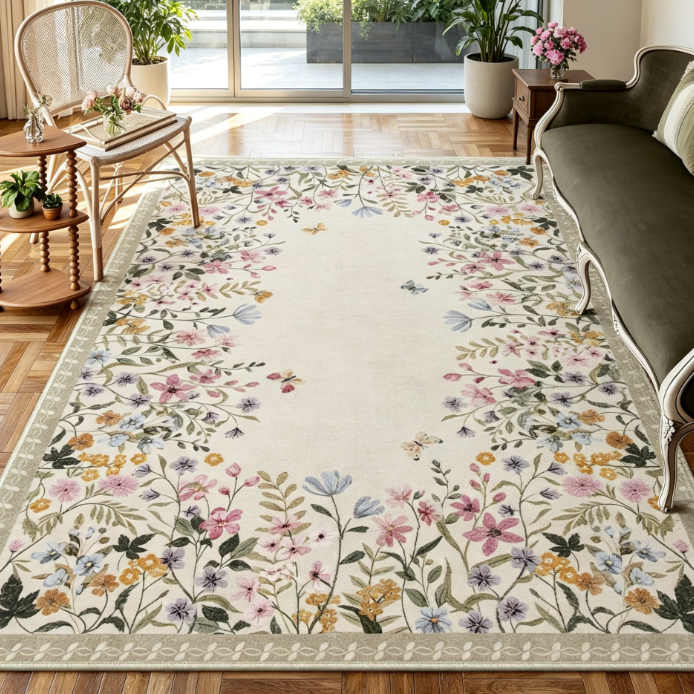 Floral Botanical Washable Rug 6x9 ft – Non-Slip Soft Beige Mat for Living Room, Bedroom & Dining Room